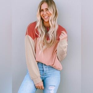NEW Red Tan Apricot Color Block Corduroy Look Ribbed Oversized Top